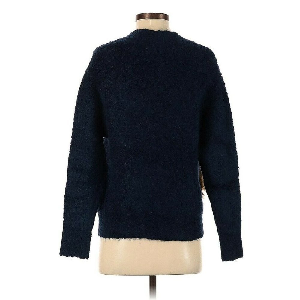 Zara Knit Dark Blue Vneck Sweater Fuzzy Pockets Wool Mohair Blend Size Small - Picture 5 of 8